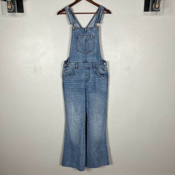 Free People Denim - We The Free People Overalls Womens 29 Blue Flare Leg Mid Rise Denim Classic Bibs